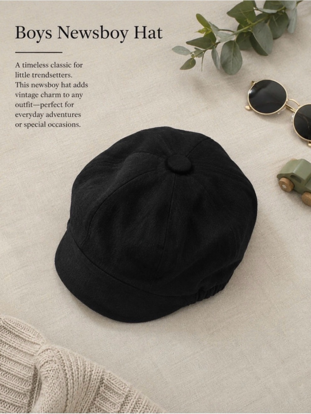 Boys Black Newsboy Hat - Classic Vintage Style